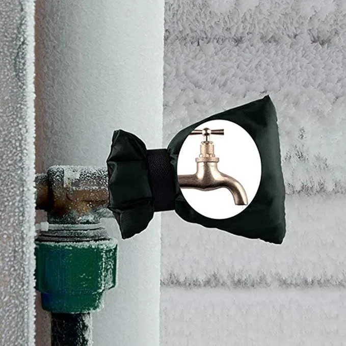 a black bag covers an outdoor tap to protect the hose bib from frost during cold vernon winters